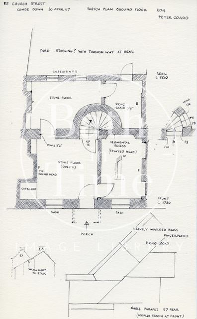 Ground floor plan and profile of gable, 85, Church Street, Combe Down, Bath 1967