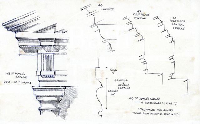 Details of doorway and profiles, 43, St. James's Parade, Bath 1963