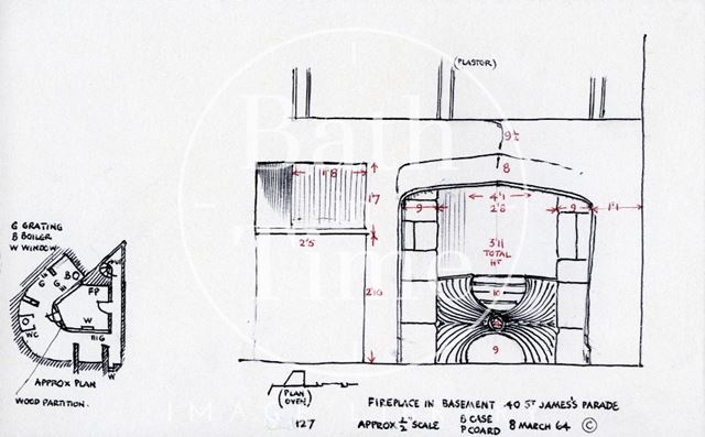 Fireplace in basement, 40, St. James's Parade, Bath 1964