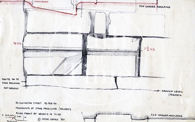 Fragments of stone panelling, Cold Bath House, 26b & 26c, Claverton Street, Bath 1966