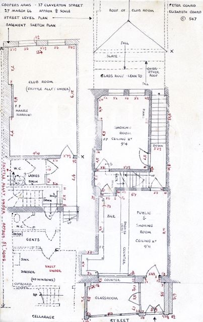 Ground floor and cellar plans, Cooper's Arms, 37, Claverton Street, Bath 1966