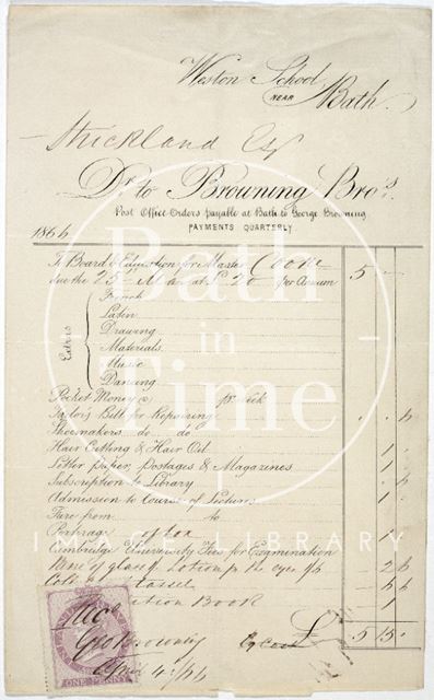 Receipt to Strickland Esq. from Browning Bros., Weston School near Bath 1866