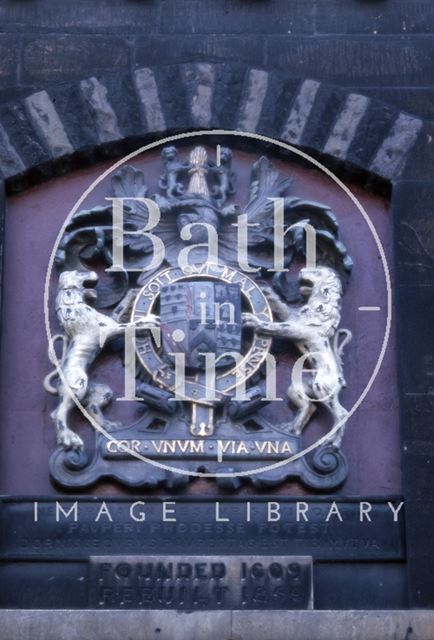 Detail of coat of arms over doorway, Bellott's Almshouses, Beau Street, Bath 1965