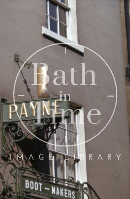 Sign above Payne's boot and shoe shop, 7, Broad Street, Bath 1965