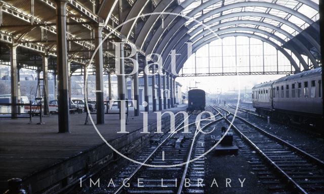 Looking out of Green Park Station train shed, Bath 1964