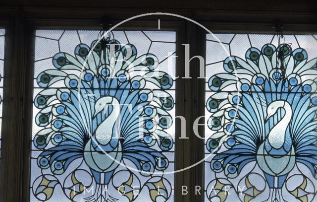 Stained glass peacocks, Jolly's Department Store, Milsom Street, Bath 1965