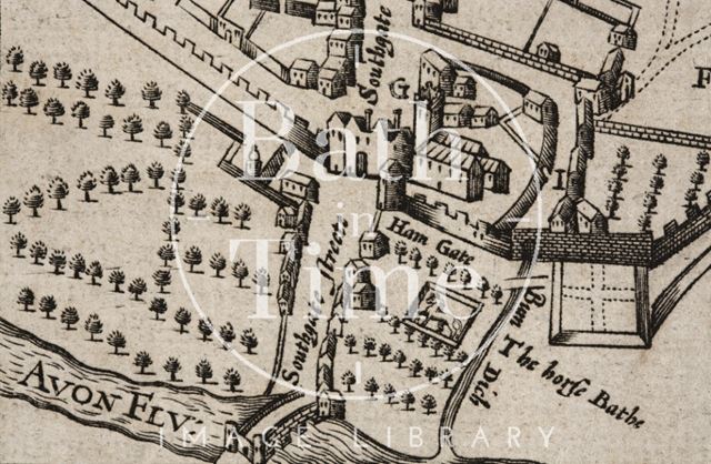 The Horse Bath and Southgate Street from John Speed's Map 1627 - detail