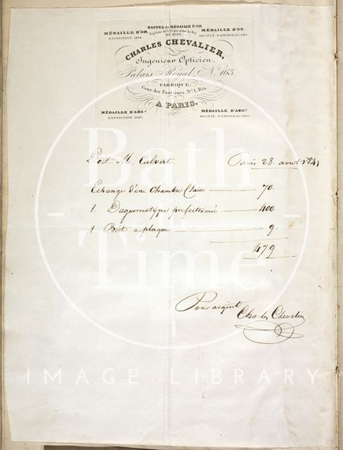 Receipt from Charles Chevalier of Paris for photographic equipment 1841