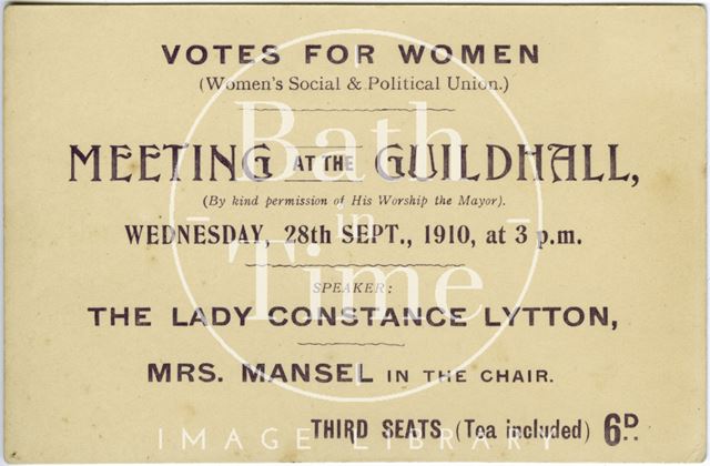 Ticket to Suffragette Meeting at the Guildhall, Bath 1910