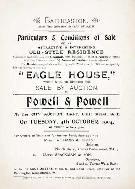 Sale particulars for Eagle House, Batheaston 1904