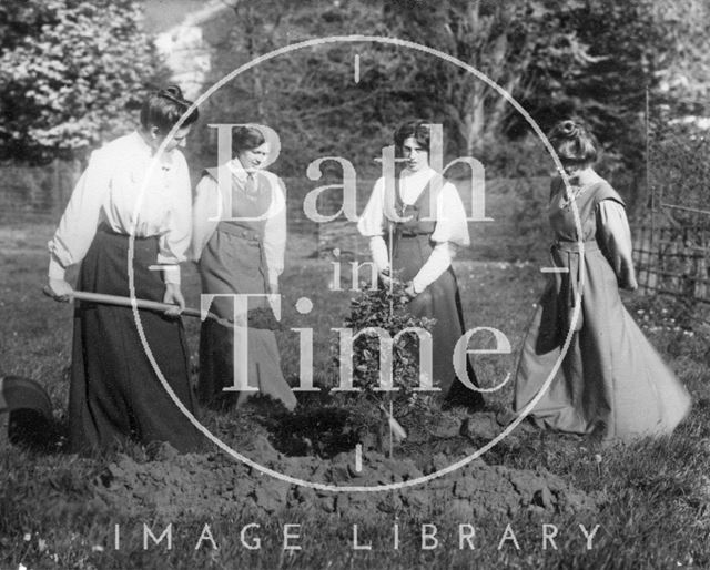 Suffragette Mary Blathwayt planting tree with Vera Holmes, Jessie and Annie Kenney 1909