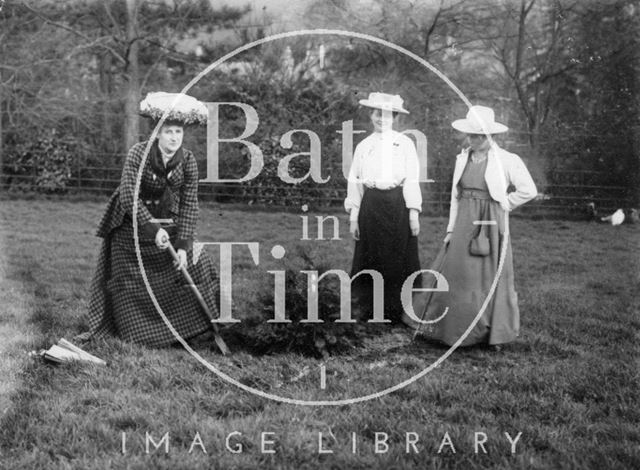 Suffragette Florence Canning planting tree with Mary Blathwayt and Annie Kenney 1909