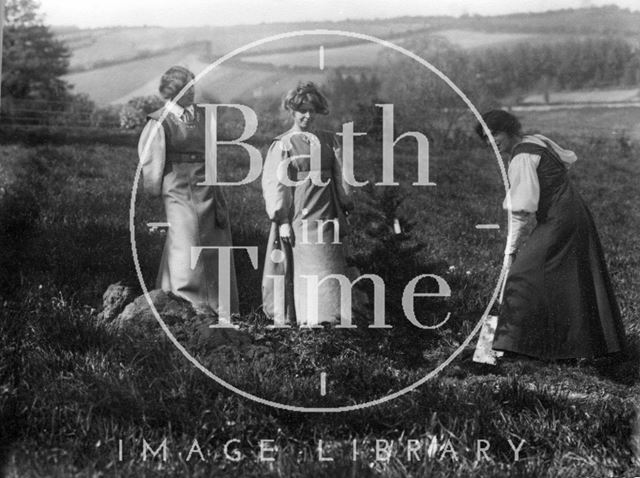 Suffragette Jessie Kenney planting tree with Vera Holme and Annie Kenney 1909