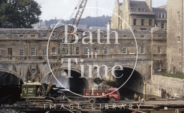 The foundations of Pulteney Bridge being strengthened, Bath c.1970