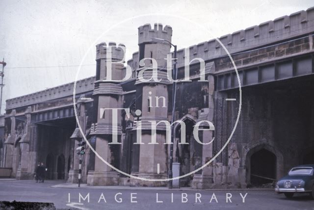 The castellated towers on the railway arches, Bath 1964