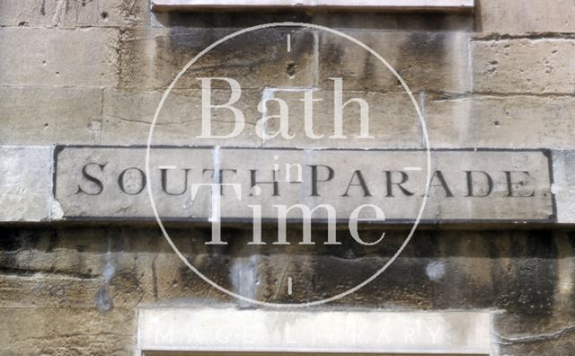 Carved and painted street name, 1, South Parade, Bath 1955?