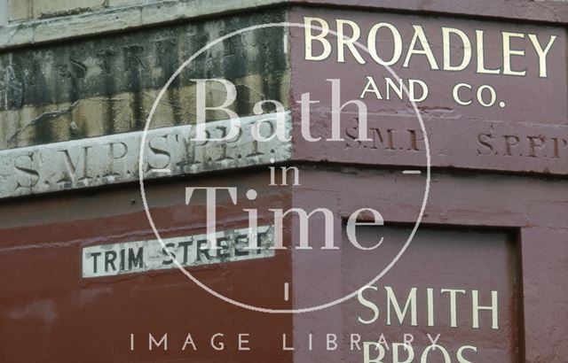 Parish and street names, Trim Street and Broadley's Wine Vaults, 1, Gascoyne Place, Bath 1969