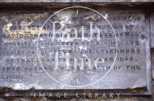 Plaque commemorating burials, Upper Borough Walls, Bath 1974