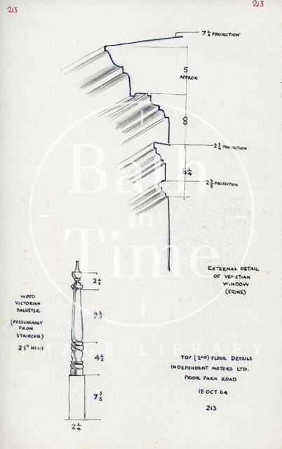 Window profile and baluster detail, the Old Mill, Prior Park Road, Bath 1964