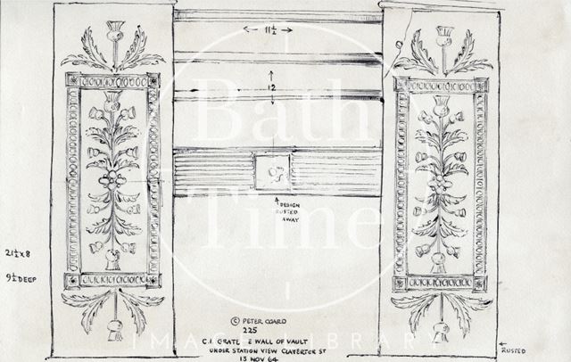 Cast iron fire grate, under Station View, Claverton Street, Bath 1964