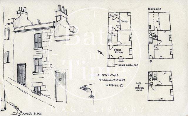Front elevation and floor plans, 16, Clement Street, Walcot, Bath 1964
