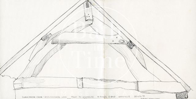 Roof truss to cowshed, Sladebrook Farm, Englishcombe Lane, Bath 1973