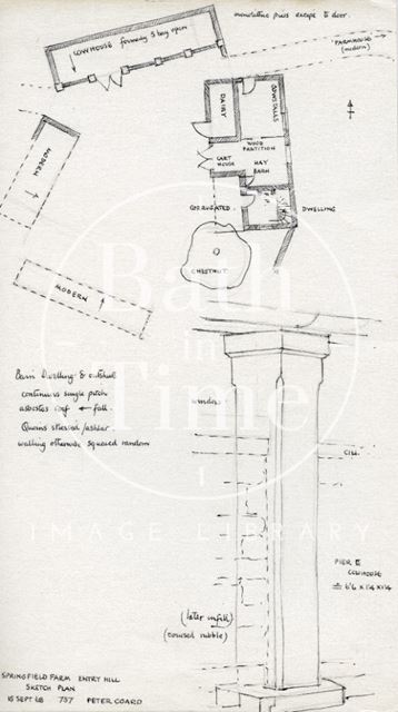 Floor plans and stone column detail, Springfield Farm, Entry Hill, Bath 1968