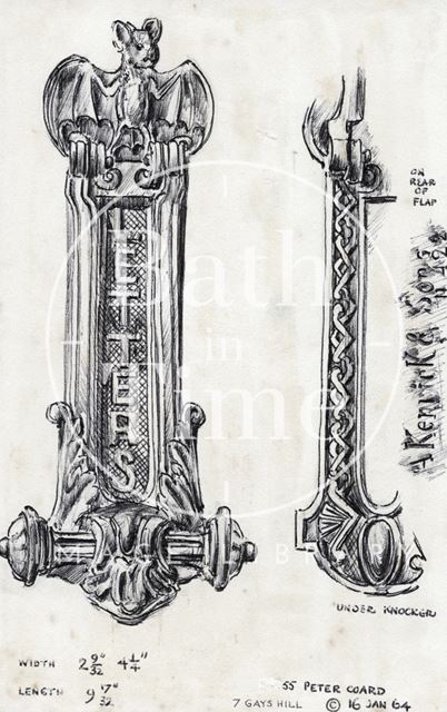 Detail of door knocker, 7, Gay's Buildings, Gay's Hill, Walcot, Bath 1964