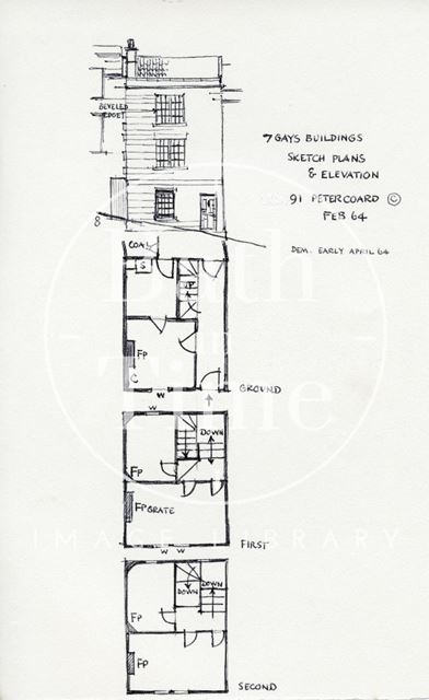 Front elevation and floor plans, 7, Gay's Buildings, Gay's Hill, Walcot, Bath 1964