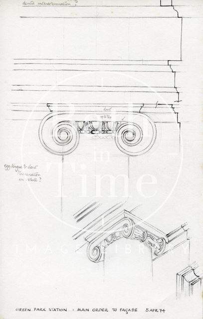 Main order to facade, Green Park Station, Bath 1974