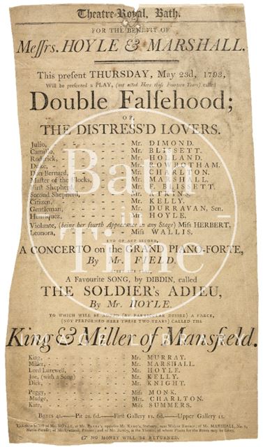 Playbill for Double Falsehood or the Distress'd Lovers, also the King & Miller of Mansfield, Theatre Royal, Bath 1793