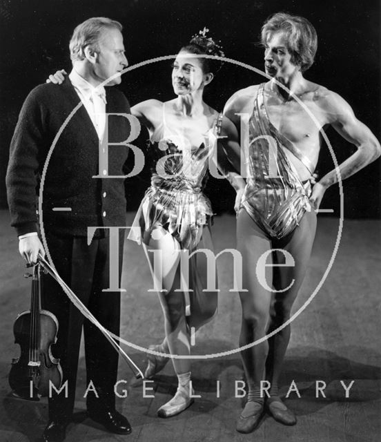 Yehudi Menuhin, Margot Fonteyn and Rudolph Nureyev on the stage at the Theatre Royal, Bath 1964