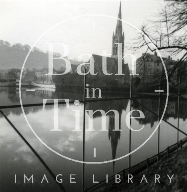 St. John's Roman Catholic Church reflected in a flooded North Parade Cricket Ground, Bath 1966