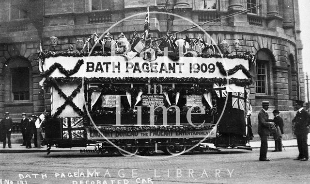 Bath Electric tram decorated for the Bath Historical Pageant outside the Guildhall, Bath 1909