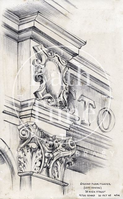 Detail of ground floor pilaster, Cater, Stoffell & Fortt Ltd., The Stores, 25, High Street, Bath 1965