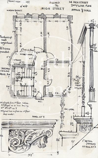 Second floor plan and stairway detail, George Oliver's boot and shoe shop, 24, High Street, Bath 1964