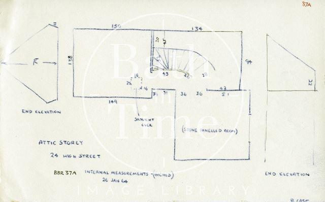 Attic floor plan and elevations, George Oliver's boot and shoe shop, 24, High Street, Bath 1964