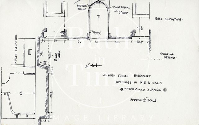 Openings in basement walls, George Oliver's boot and shoe shop, 24, High Street, Bath 1964