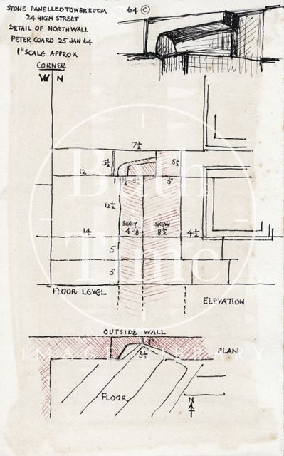 Stone panelled attic room detail, George Oliver's boot and shoe shop, 24, High Street, Bath 1964