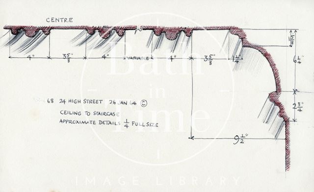 Staircase ceiling detail, George Oliver's boot and shoe shop, 24, High Street, Bath 1964