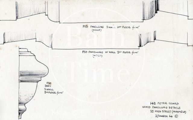 Wood panelling details, Manfield's shoe shop, 23, High Street, Bath 1964